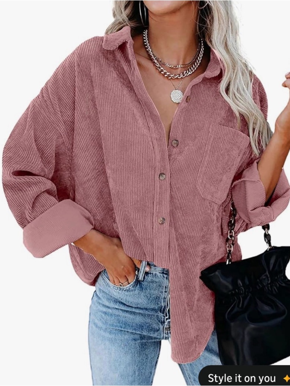 Oversized Corduroy Button-Down Shirt - Dusty Rose, Size: 2XL